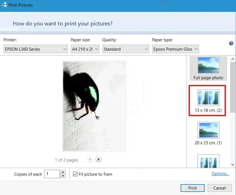 change print size units from cm to inch in Windows Print Picture
