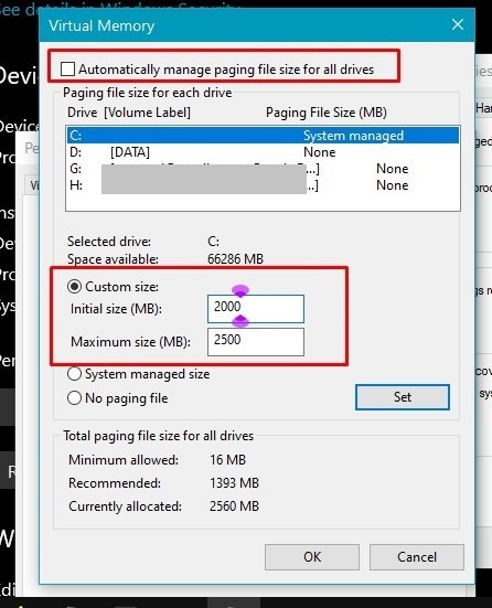 manually set paging file size in Windows
