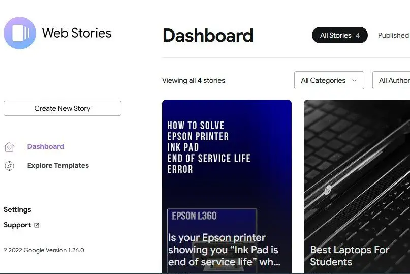 Create Web Stories WordPress Plugin dashboard