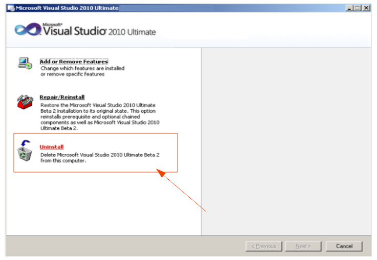 Uninstall Visual Studio 2010 from Control panel