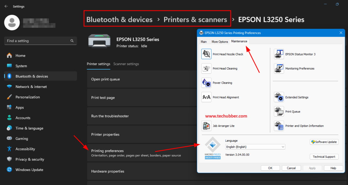 Epson Printer Head Cleaning Maintenance menu