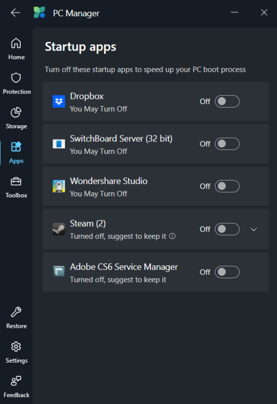 pc manager app - startup app