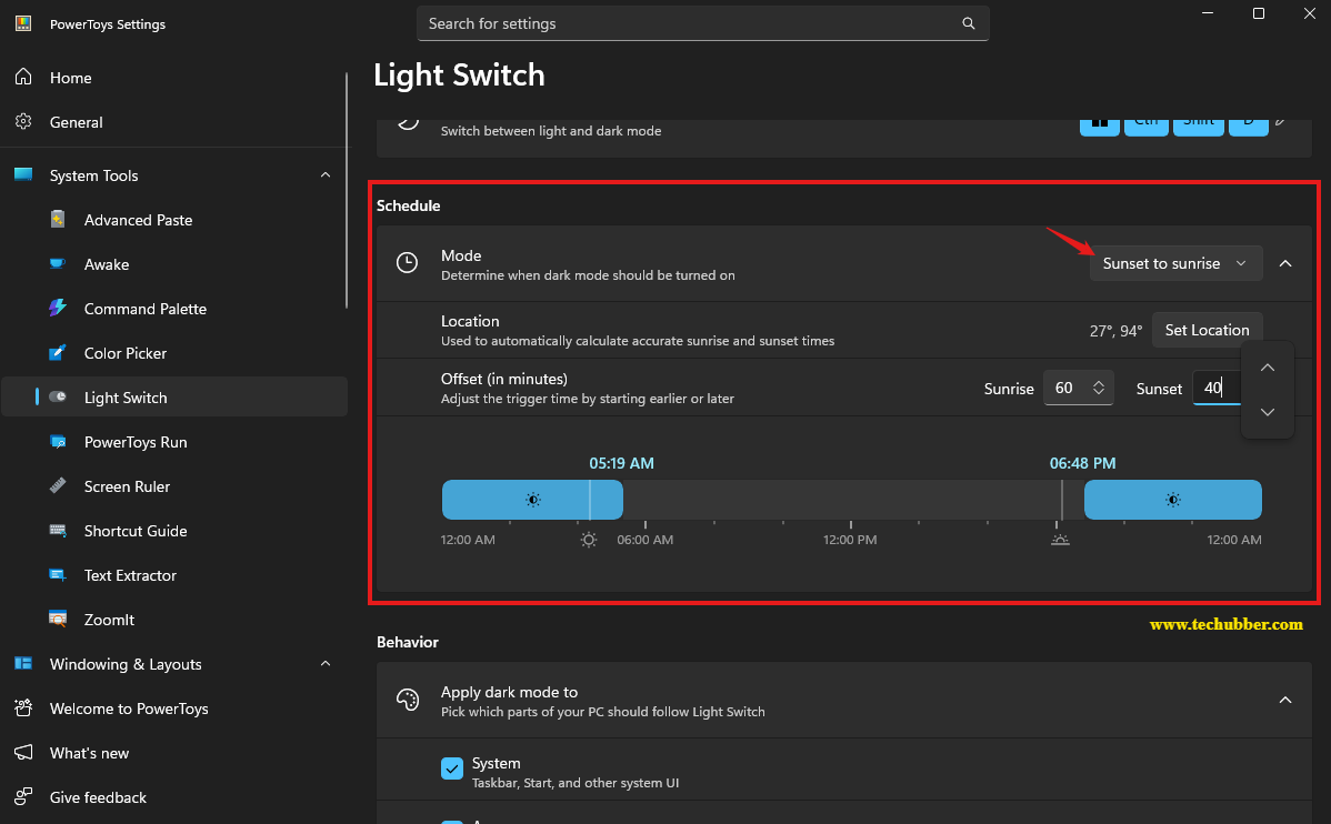 schedule dark mode in windows 11 by sunrise sunset